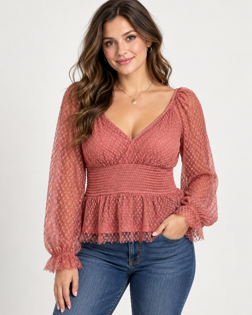 Francesca's Audre Parks Mauve Lace Peplum Top M NWT Smocked Waist Romantic